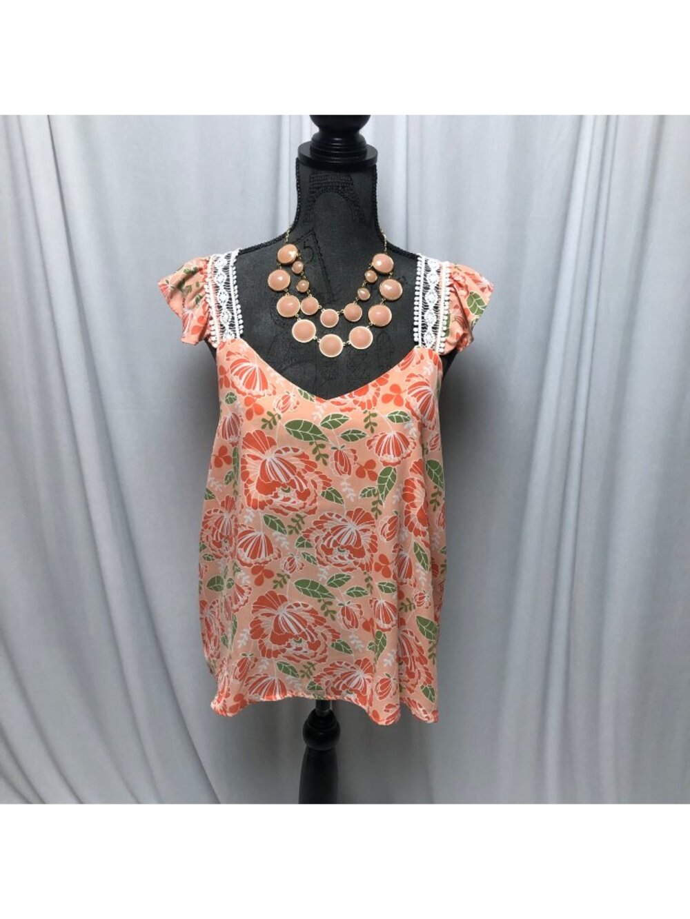 Cruel Top Womens Size Large Orange Green Floral Lace Ruffle V Neck Blouse NEW